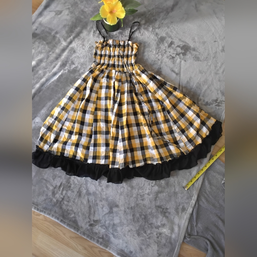 Yellow and Black Plaid Skirt with Ruffle Hem